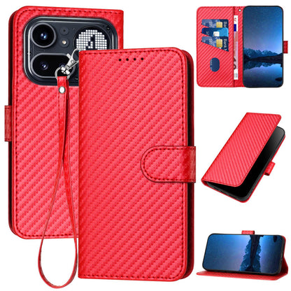 Nothing Phone 4a Pro Carbon Fiber Buckle Leather Phone Case with Lanyard, PU Leather TPU Wallet Cover with Card Slot, Cash Compartment, Stand Function & Scratch Protection
