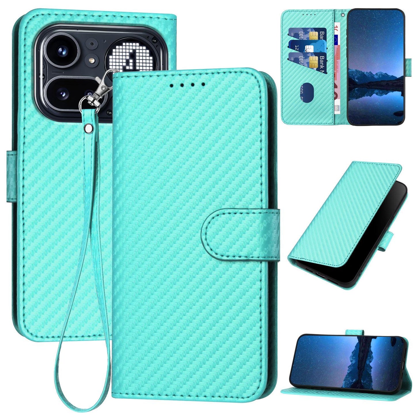 Nothing Phone 4a Pro Carbon Fiber Buckle Leather Phone Case with Lanyard, PU Leather TPU Wallet Cover with Card Slot, Cash Compartment, Stand Function & Scratch Protection