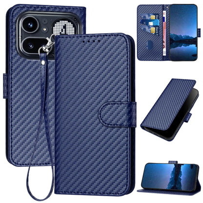 Nothing Phone 4a Pro Carbon Fiber Buckle Leather Phone Case with Lanyard, PU Leather TPU Wallet Cover with Card Slot, Cash Compartment, Stand Function & Scratch Protection