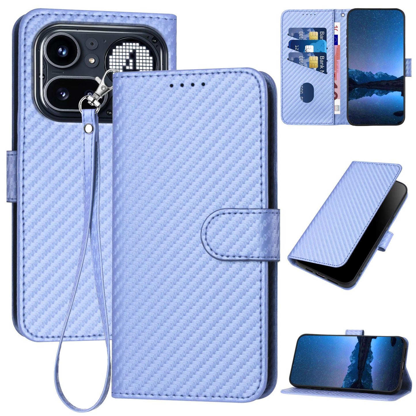 Nothing Phone 4a Pro Carbon Fiber Buckle Leather Phone Case with Lanyard, PU Leather TPU Wallet Cover with Card Slot, Cash Compartment, Stand Function & Scratch Protection