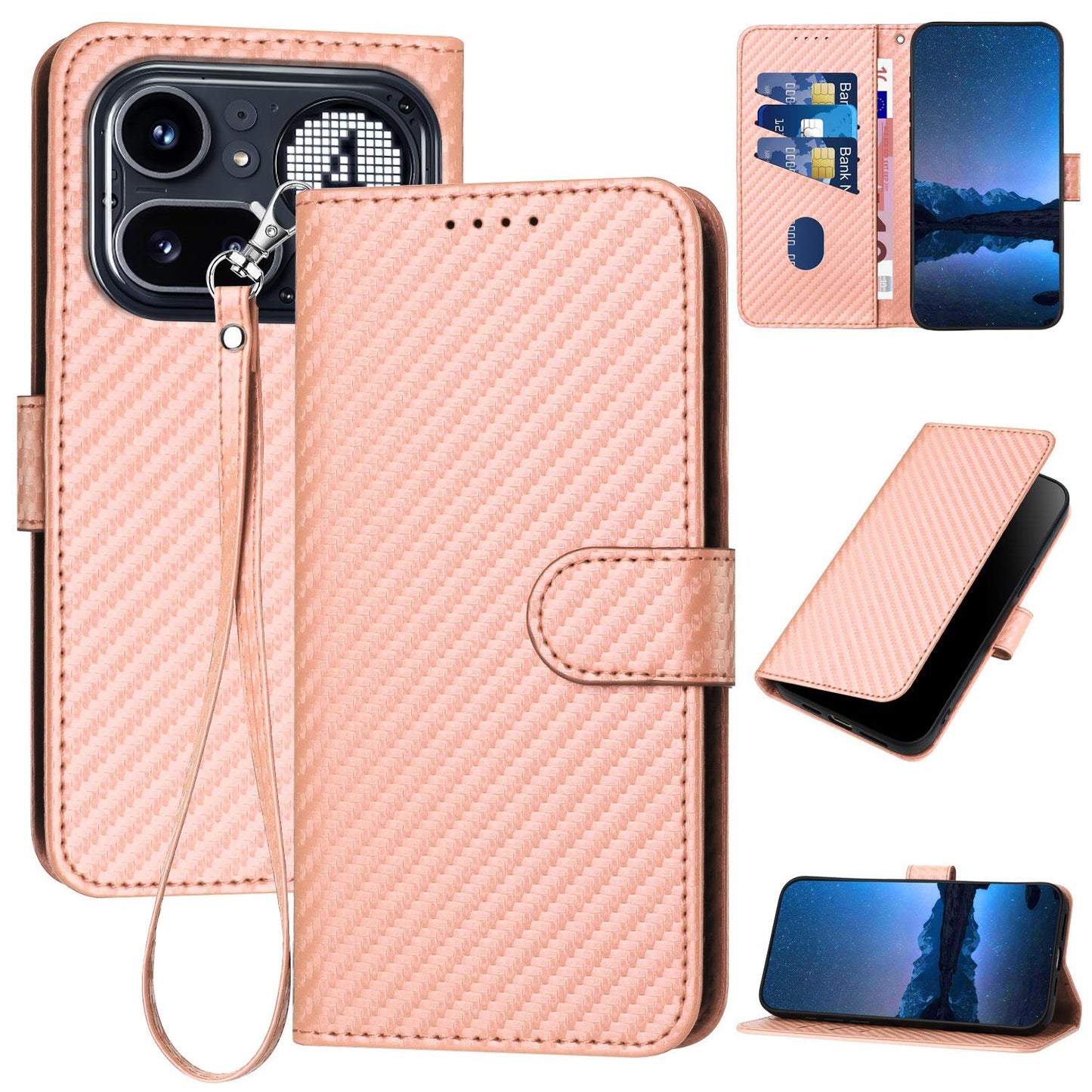 Nothing Phone 4a Pro Carbon Fiber Buckle Leather Phone Case with Lanyard, PU Leather TPU Wallet Cover with Card Slot, Cash Compartment, Stand Function & Scratch Protection