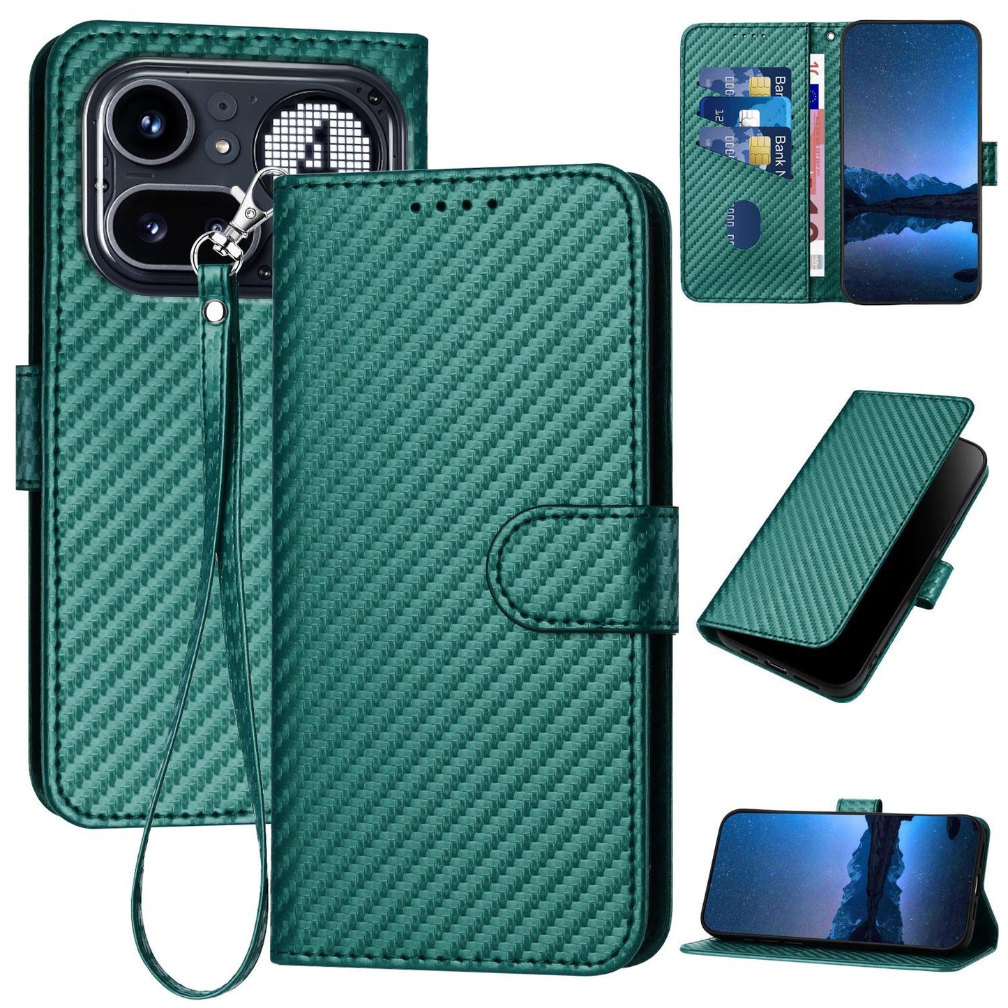 Nothing Phone 4a Pro Carbon Fiber Buckle Leather Phone Case with Lanyard, PU Leather TPU Wallet Cover with Card Slot, Cash Compartment, Stand Function & Scratch Protection