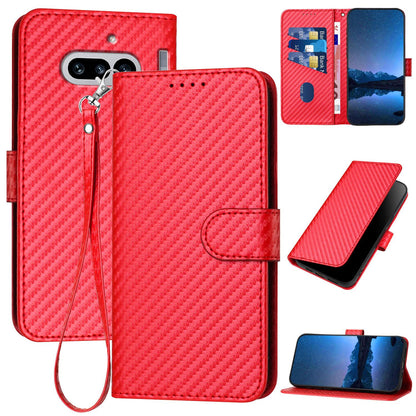 Nothing Phone 4a Carbon Fiber Buckle Leather Phone Case with Lanyard, PU Leather TPU Wallet Cover with Card Slot, Cash Compartment, Stand Function & Scratch Protection