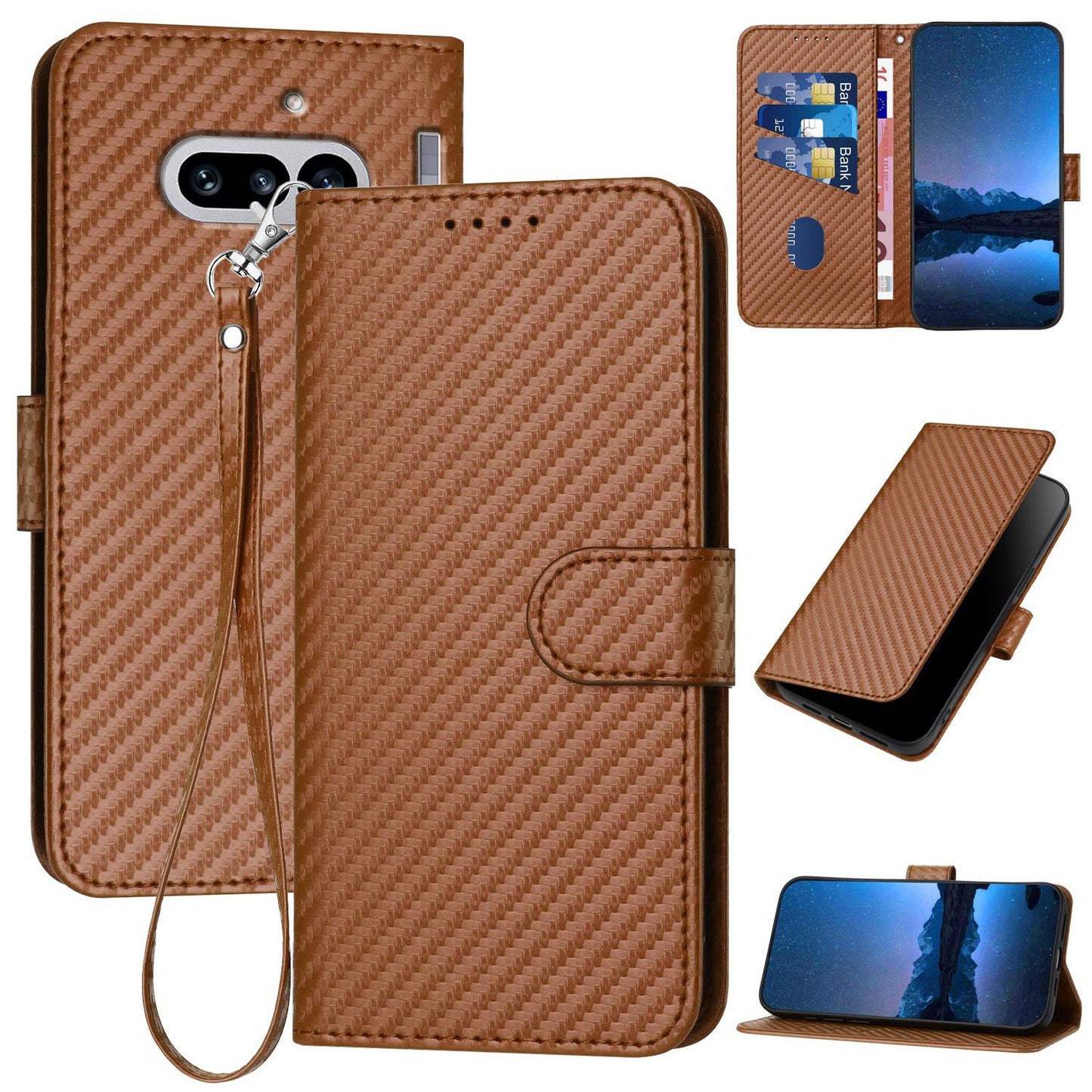 Nothing Phone 4a Carbon Fiber Buckle Leather Phone Case with Lanyard, PU Leather TPU Wallet Cover with Card Slot, Cash Compartment, Stand Function & Scratch Protection