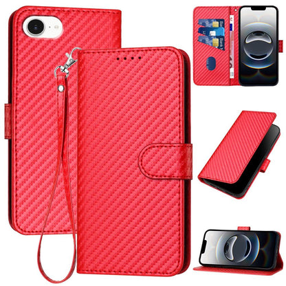Apple iPhone 16e Carbon Fiber Buckle Leather Phone Case with Lanyard, PU Leather TPU Wallet Cover with Card Slot, Cash Compartment, Stand Function & Scratch Protection