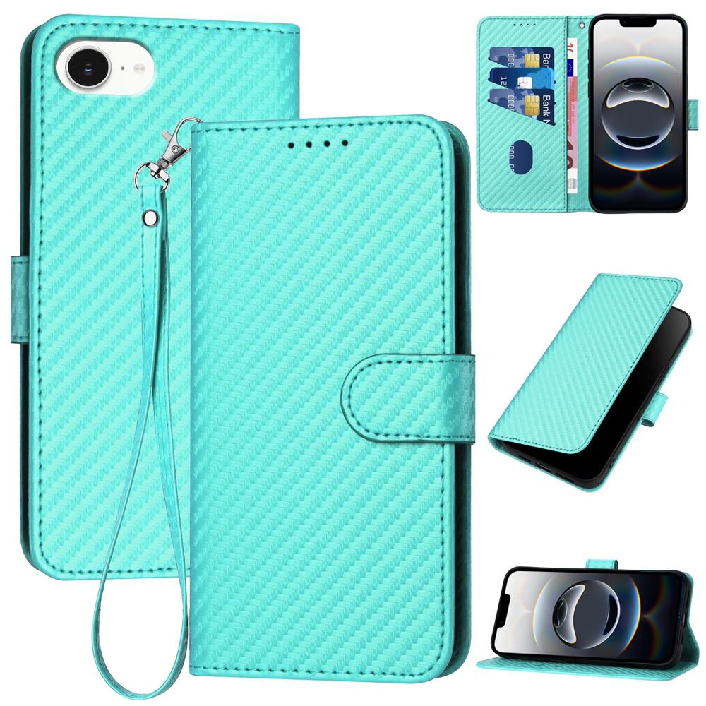 Apple iPhone 16e Carbon Fiber Buckle Leather Phone Case with Lanyard, PU Leather TPU Wallet Cover with Card Slot, Cash Compartment, Stand Function & Scratch Protection