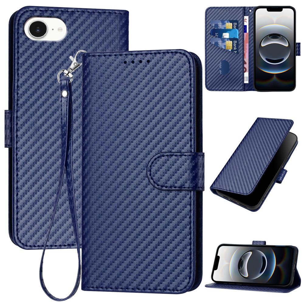 Apple iPhone 17e Carbon Fiber Buckle Leather Phone Case with Lanyard, PU Leather TPU Wallet Cover with Card Slot, Cash Compartment, Stand Function & Scratch Protection