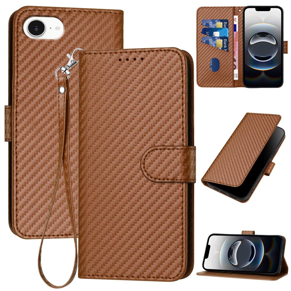 Apple iPhone 16e Carbon Fiber Buckle Leather Phone Case with Lanyard, PU Leather TPU Wallet Cover with Card Slot, Cash Compartment, Stand Function & Scratch Protection