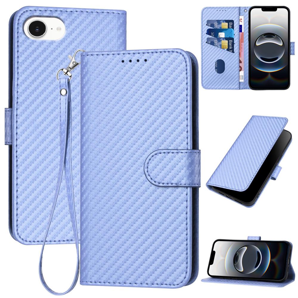 Apple iPhone 16e Carbon Fiber Buckle Leather Phone Case with Lanyard, PU Leather TPU Wallet Cover with Card Slot, Cash Compartment, Stand Function & Scratch Protection