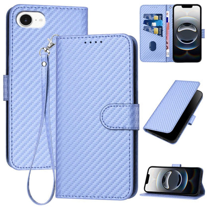 Apple iPhone 17e Carbon Fiber Buckle Leather Phone Case with Lanyard, PU Leather TPU Wallet Cover with Card Slot, Cash Compartment, Stand Function & Scratch Protection