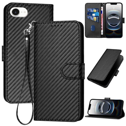 Apple iPhone 16e Carbon Fiber Buckle Leather Phone Case with Lanyard, PU Leather TPU Wallet Cover with Card Slot, Cash Compartment, Stand Function & Scratch Protection