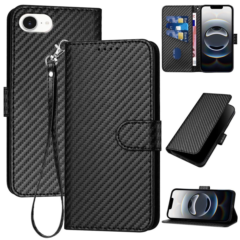Apple iPhone 17e Carbon Fiber Buckle Leather Phone Case with Lanyard, PU Leather TPU Wallet Cover with Card Slot, Cash Compartment, Stand Function & Scratch Protection