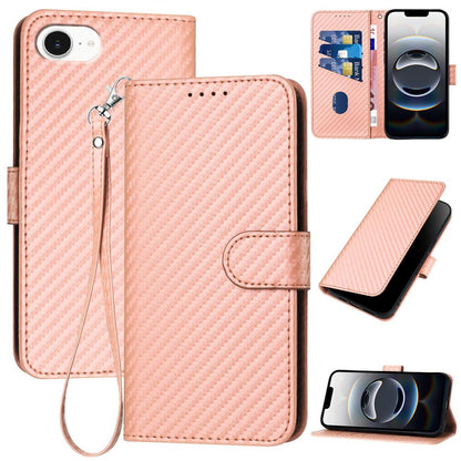 Apple iPhone 16e Carbon Fiber Buckle Leather Phone Case with Lanyard, PU Leather TPU Wallet Cover with Card Slot, Cash Compartment, Stand Function & Scratch Protection