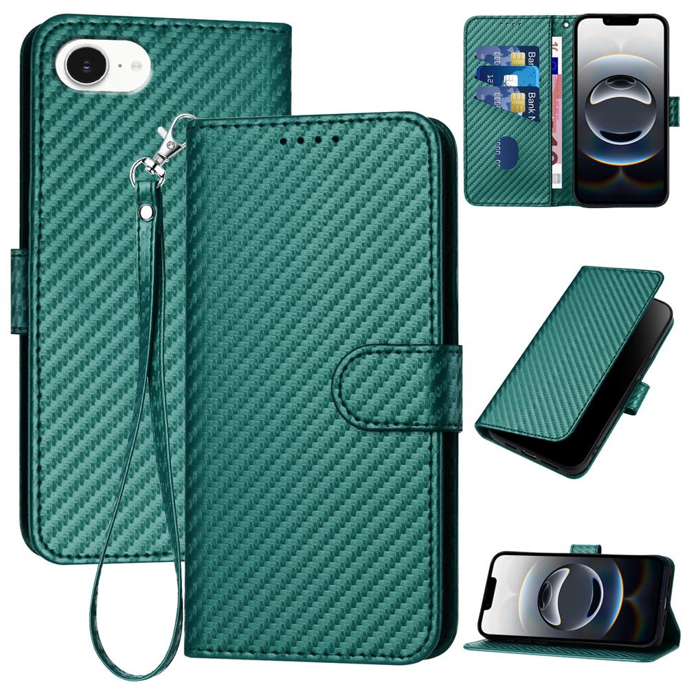 Apple iPhone 16e Carbon Fiber Buckle Leather Phone Case with Lanyard, PU Leather TPU Wallet Cover with Card Slot, Cash Compartment, Stand Function & Scratch Protection