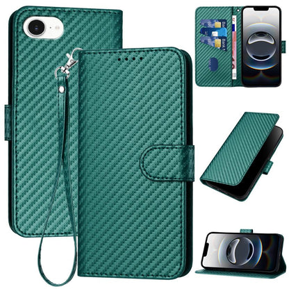 Apple iPhone 17e Carbon Fiber Buckle Leather Phone Case with Lanyard, PU Leather TPU Wallet Cover with Card Slot, Cash Compartment, Stand Function & Scratch Protection