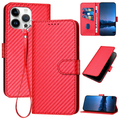 Apple iPhone 15 Pro Max Carbon Fiber Buckle Leather Phone Case with Lanyard, PU Leather TPU Wallet Cover with Card Slot, Cash Compartment, Stand Function & Scratch Protection