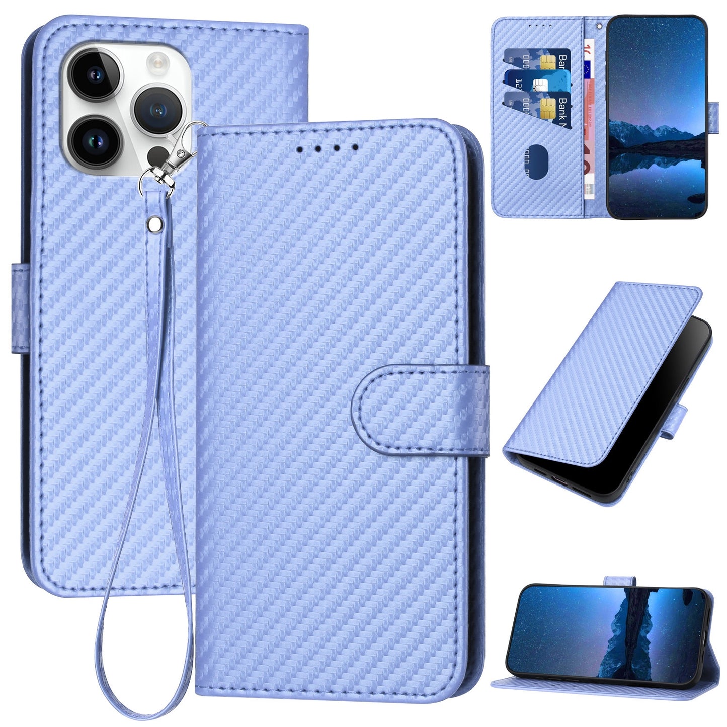 Apple iPhone 15 Pro Max Carbon Fiber Buckle Leather Phone Case with Lanyard, PU Leather TPU Wallet Cover with Card Slot, Cash Compartment, Stand Function & Scratch Protection