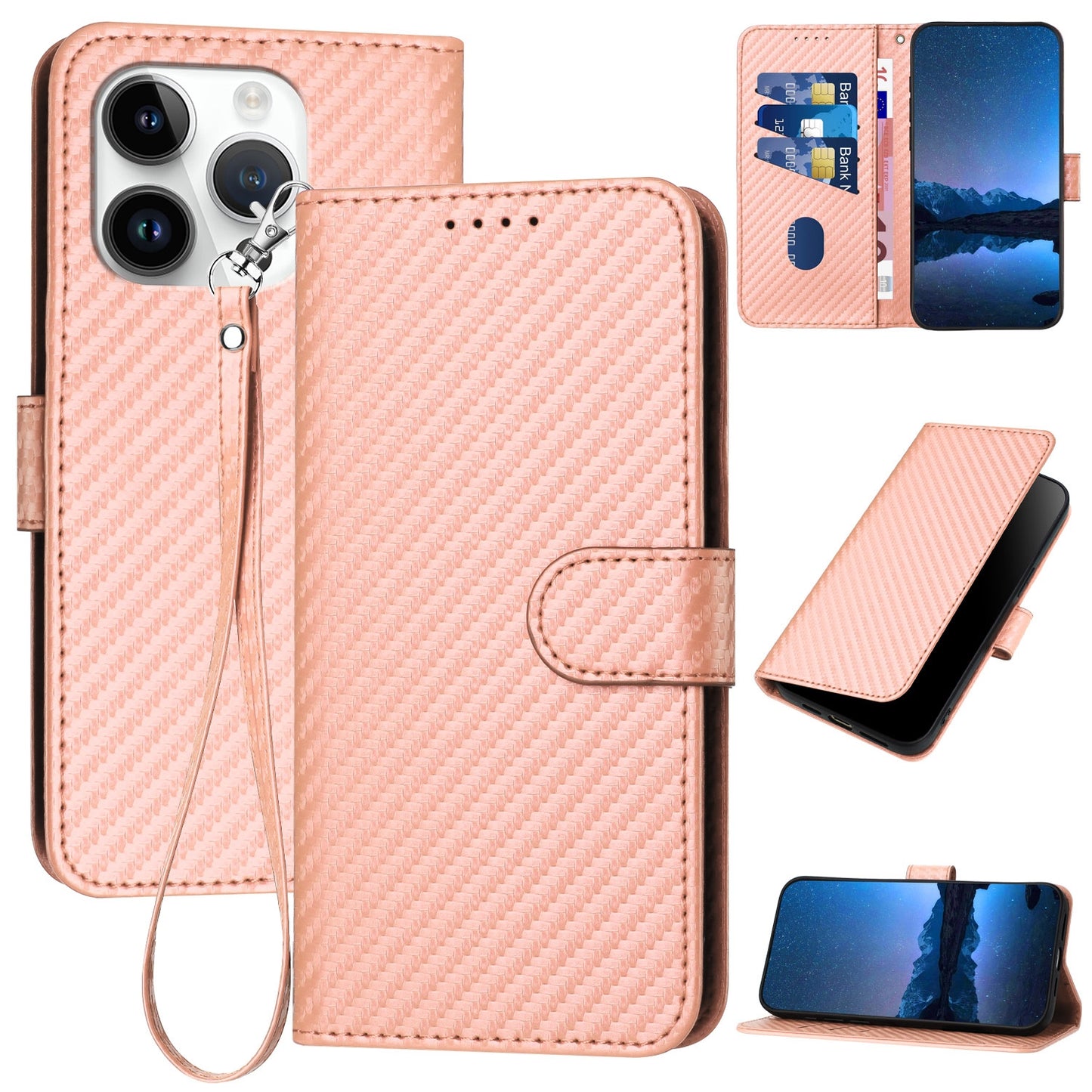 Apple iPhone 15 Pro Carbon Fiber Buckle Leather Phone Case with Lanyard, PU Leather TPU Wallet Cover with Card Slot, Cash Compartment, Stand Function & Scratch Protection