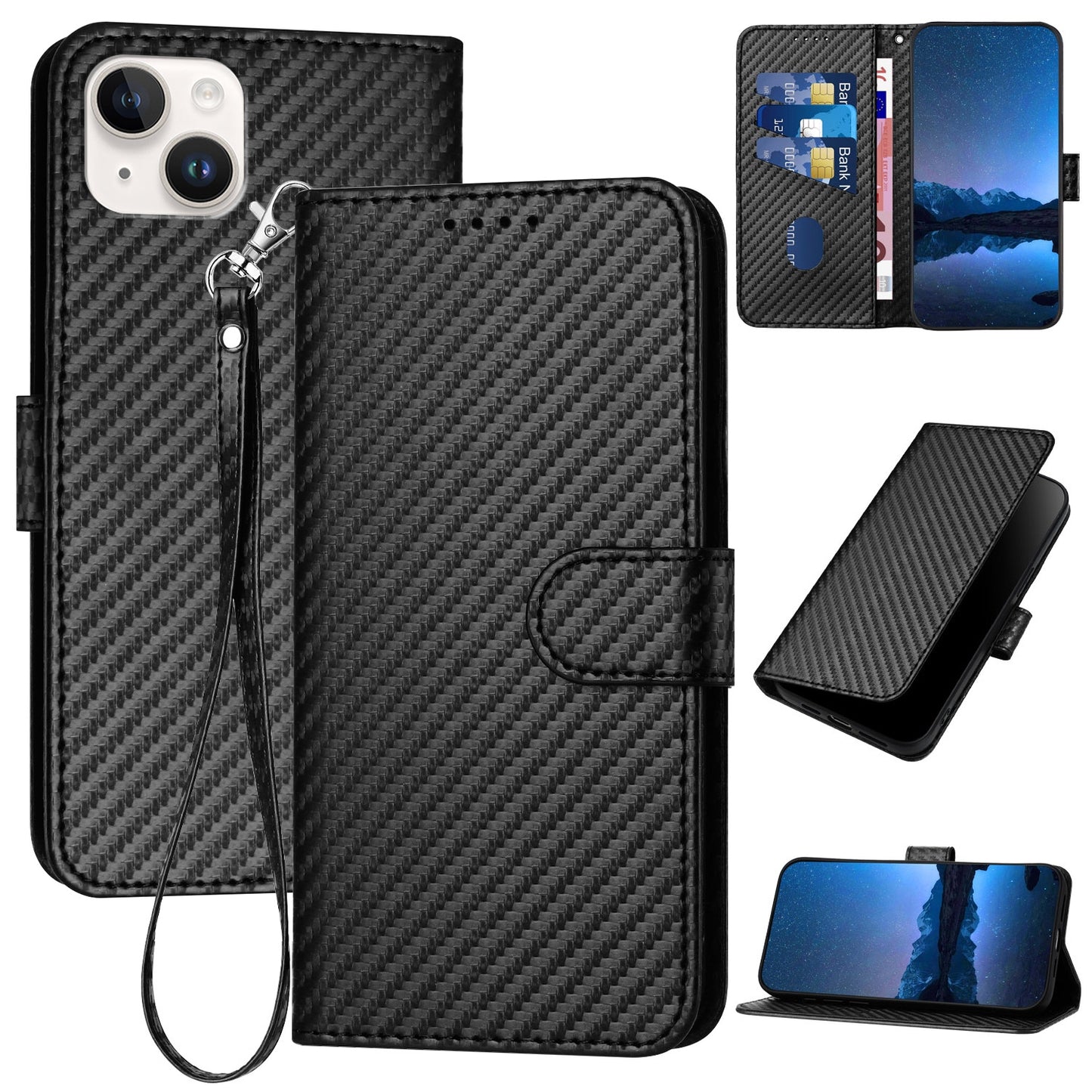 Apple iPhone 15 Plus Carbon Fiber Buckle Leather Phone Case with Lanyard, PU Leather TPU Wallet Cover with Card Slot, Cash Compartment, Stand Function & Scratch Protection