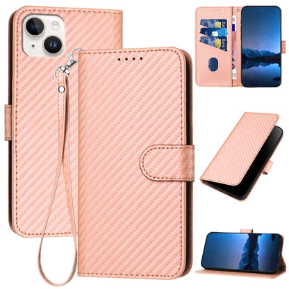 Apple iPhone 15 Plus Carbon Fiber Buckle Leather Phone Case with Lanyard, PU Leather TPU Wallet Cover with Card Slot, Cash Compartment, Stand Function & Scratch Protection