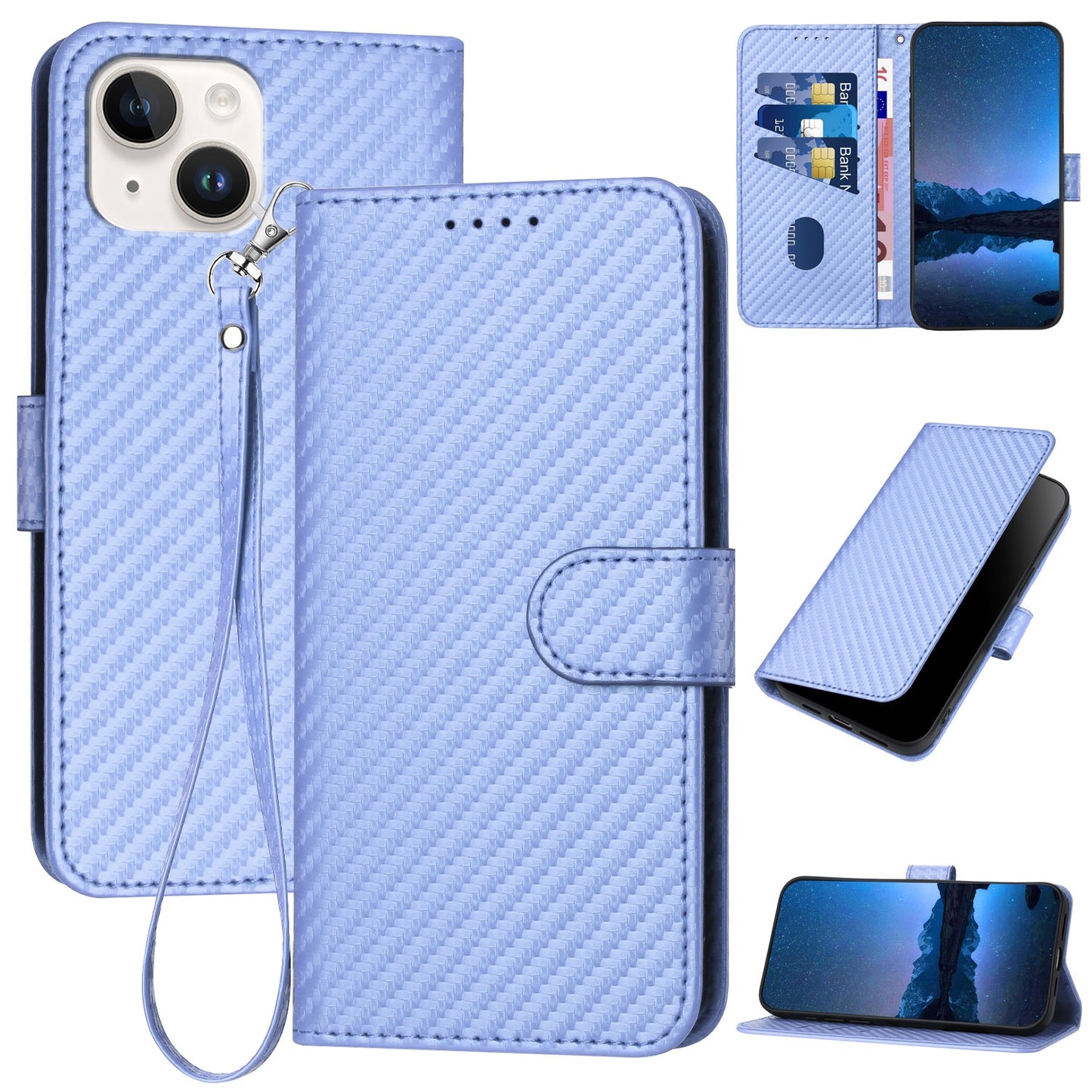 Apple iPhone 15 Carbon Fiber Buckle Leather Phone Case with Lanyard, PU Leather TPU Wallet Cover with Card Slot, Cash Compartment, Stand Function & Scratch Protection