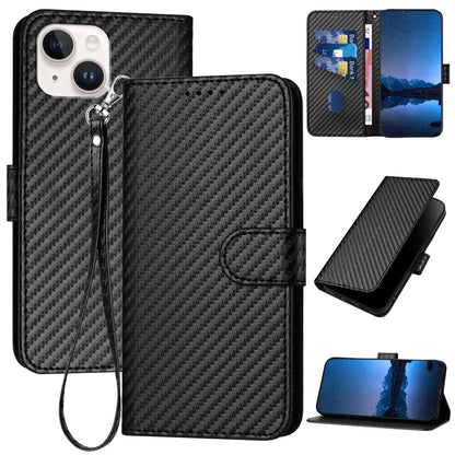 Apple iPhone 15 Carbon Fiber Buckle Leather Phone Case with Lanyard, PU Leather TPU Wallet Cover with Card Slot, Cash Compartment, Stand Function & Scratch Protection