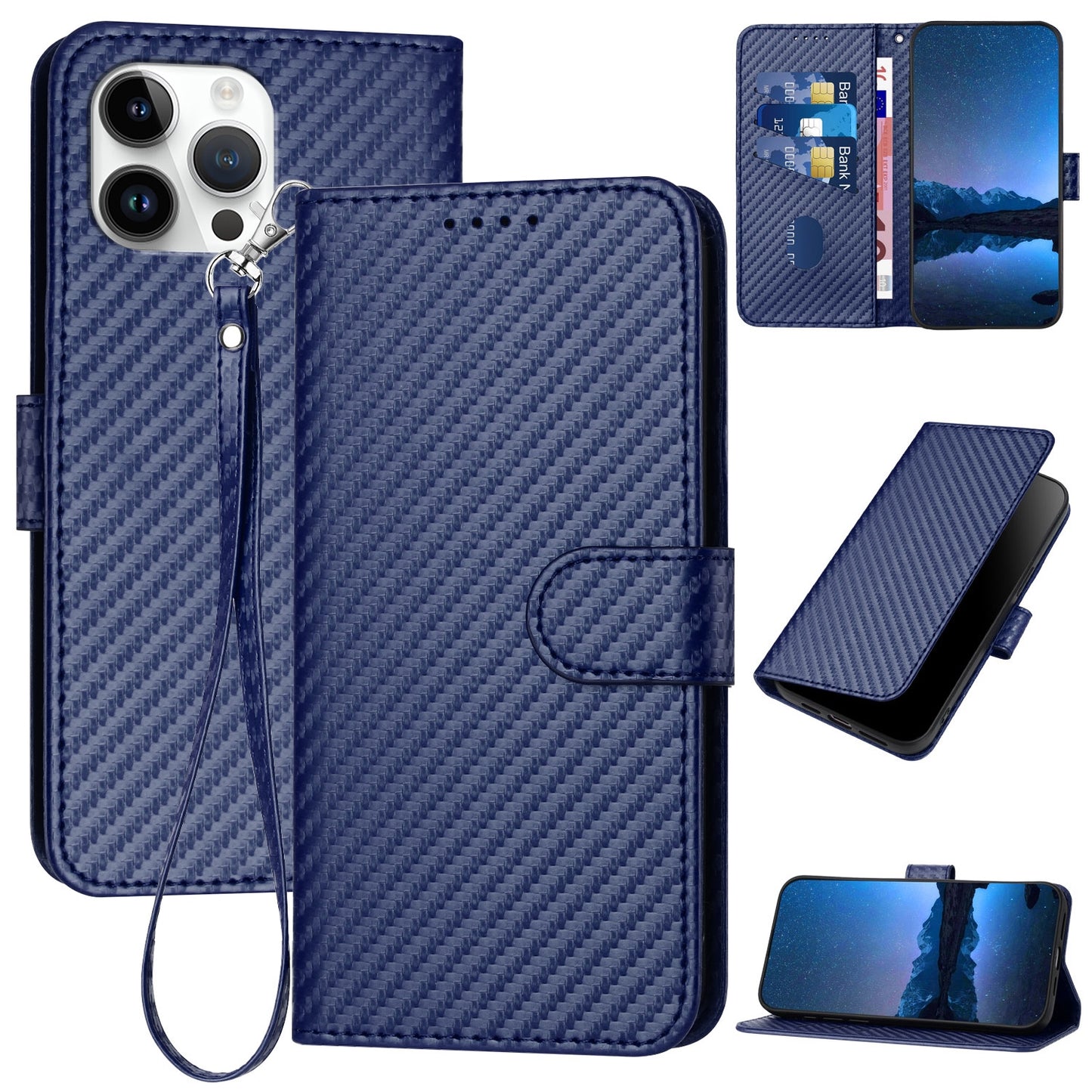 Apple iPhone 14 Pro Max Carbon Fiber Buckle Leather Phone Case with Lanyard, PU Leather TPU Wallet Cover with Card Slot, Cash Compartment, Stand Function & Scratch Protection
