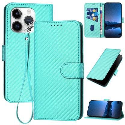 Apple iPhone 14 Pro Carbon Fiber Buckle Leather Phone Case with Lanyard, PU Leather TPU Wallet Cover with Card Slot, Cash Compartment, Stand Function & Scratch Protection