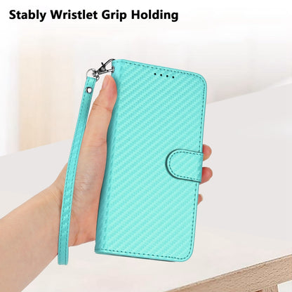 Apple iPhone 14 Pro Carbon Fiber Buckle Leather Phone Case with Lanyard, PU Leather TPU Wallet Cover with Card Slot, Cash Compartment, Stand Function & Scratch Protection