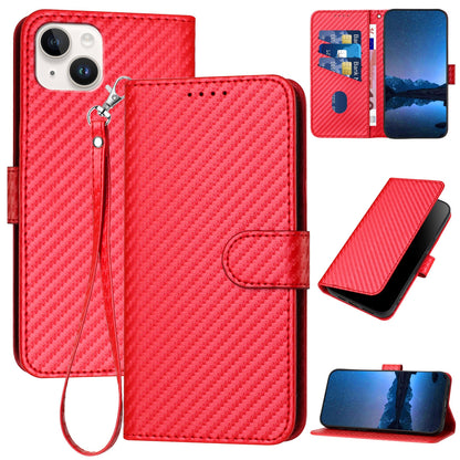 Apple iPhone 14 Plus Carbon Fiber Buckle Leather Phone Case with Lanyard, PU Leather TPU Wallet Cover with Card Slot, Cash Compartment, Stand Function & Scratch Protection