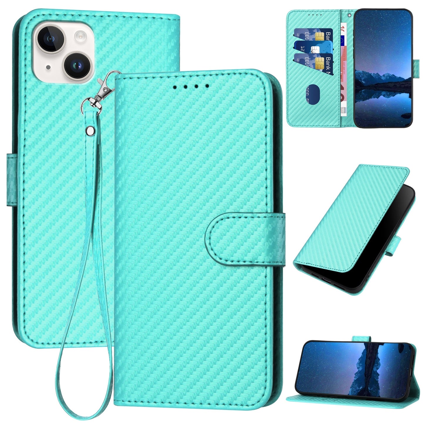 Apple iPhone 14 Plus Carbon Fiber Buckle Leather Phone Case with Lanyard, PU Leather TPU Wallet Cover with Card Slot, Cash Compartment, Stand Function & Scratch Protection