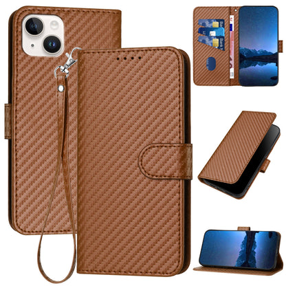 Apple iPhone 14 Plus Carbon Fiber Buckle Leather Phone Case with Lanyard, PU Leather TPU Wallet Cover with Card Slot, Cash Compartment, Stand Function & Scratch Protection