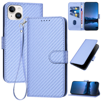Apple iPhone 14 Plus Carbon Fiber Buckle Leather Phone Case with Lanyard, PU Leather TPU Wallet Cover with Card Slot, Cash Compartment, Stand Function & Scratch Protection