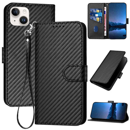Apple iPhone 14 Plus Carbon Fiber Buckle Leather Phone Case with Lanyard, PU Leather TPU Wallet Cover with Card Slot, Cash Compartment, Stand Function & Scratch Protection