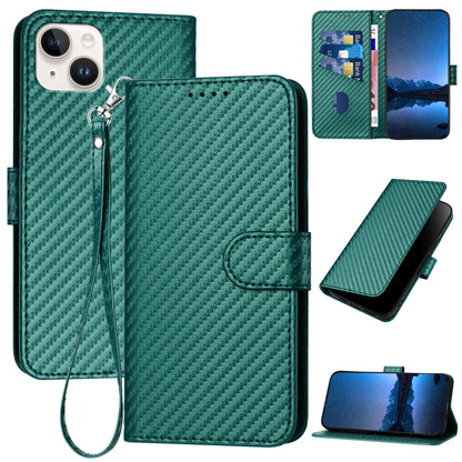Apple iPhone 14 Plus Carbon Fiber Buckle Leather Phone Case with Lanyard, PU Leather TPU Wallet Cover with Card Slot, Cash Compartment, Stand Function & Scratch Protection