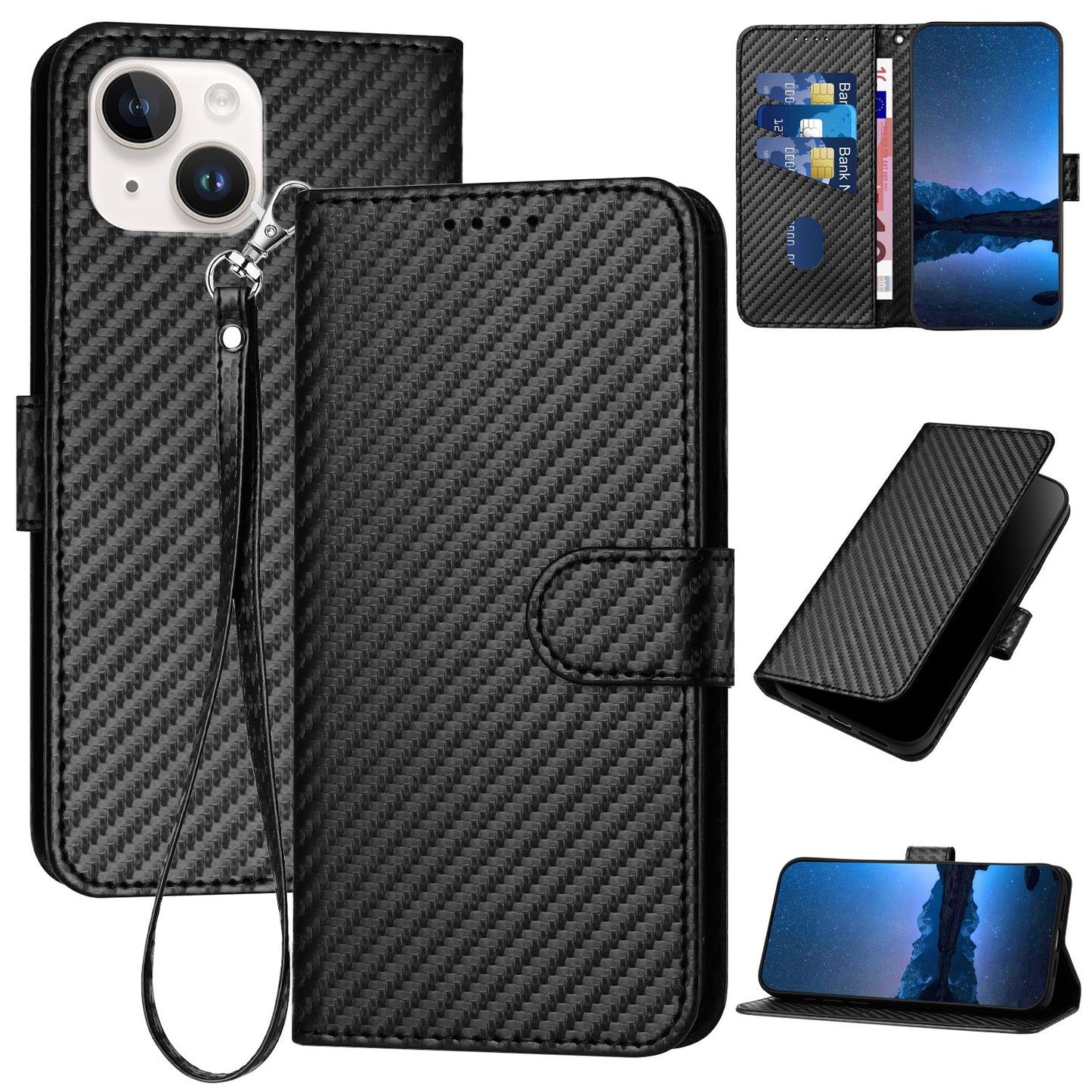 Apple iPhone 14 Carbon Fiber Buckle Leather Phone Case with Lanyard, PU Leather TPU Wallet Cover with Card Slot, Cash Compartment, Stand Function & Scratch Protection