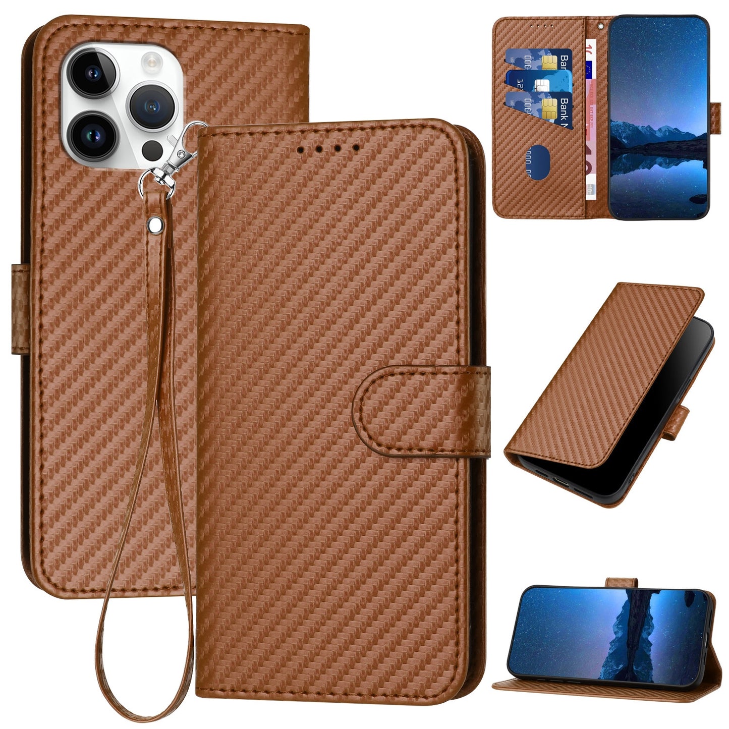 Apple iPhone 13 Pro Max Carbon Fiber Buckle Leather Phone Case with Lanyard, PU Leather TPU Wallet Cover with Card Slot, Cash Compartment, Stand Function & Scratch Protection