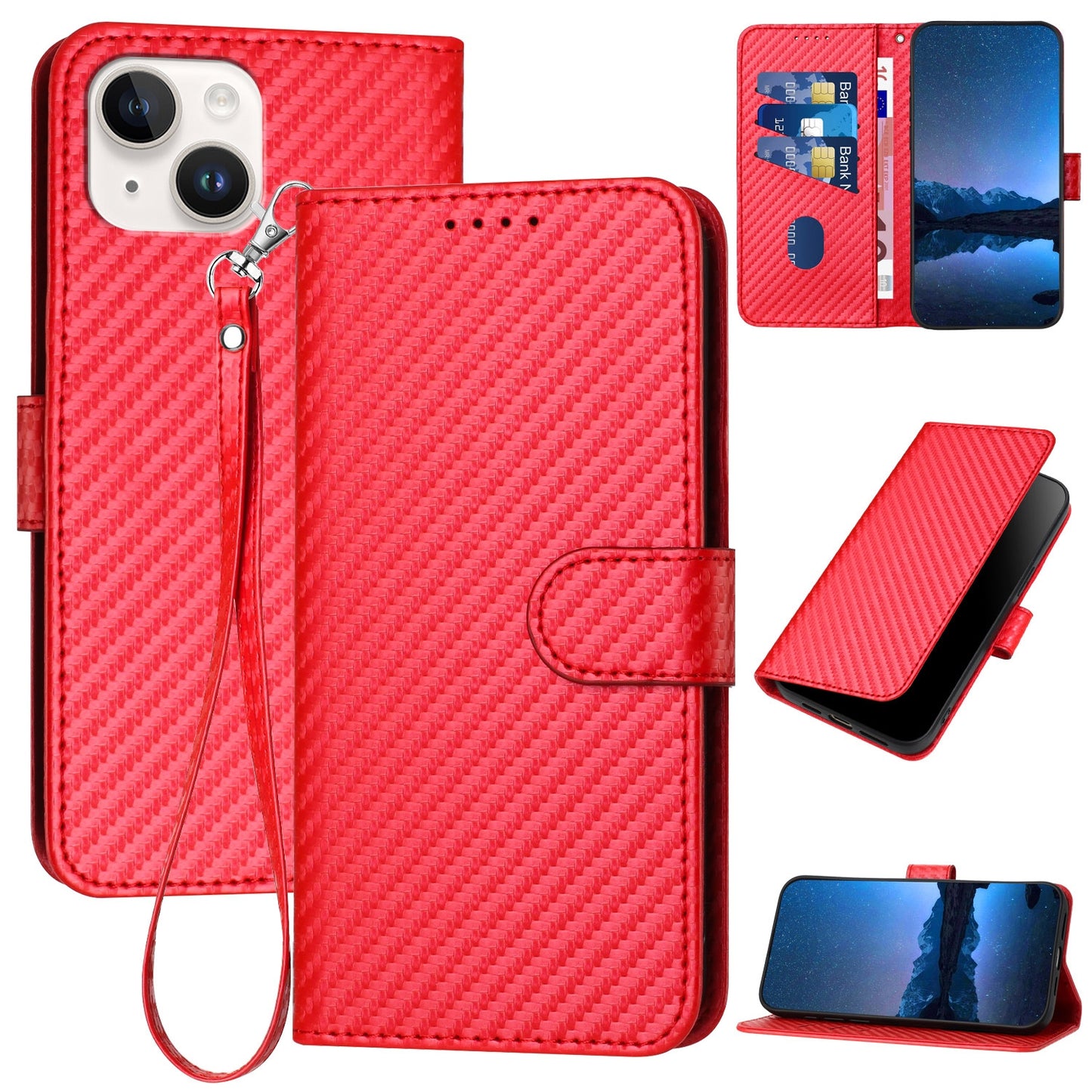 Apple iPhone 13 mini Carbon Fiber Buckle Leather Phone Case with Lanyard, PU Leather TPU Wallet Cover with Card Slot, Cash Compartment, Stand Function & Scratch Protection