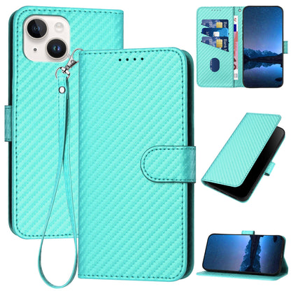 Apple iPhone 13 mini Carbon Fiber Buckle Leather Phone Case with Lanyard, PU Leather TPU Wallet Cover with Card Slot, Cash Compartment, Stand Function & Scratch Protection