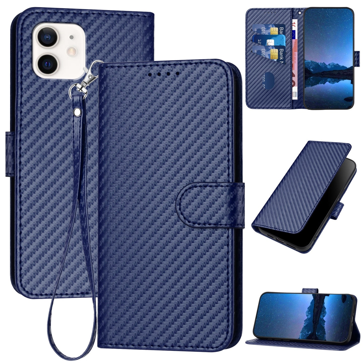 Apple iPhone 12 Pro Carbon Fiber Buckle Leather Phone Case with Lanyard, PU Leather TPU Wallet Cover with Card Slot, Cash Compartment, Stand Function & Scratch Protection