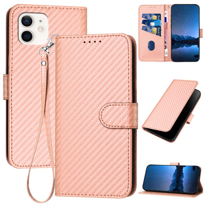 Apple iPhone 12 Carbon Fiber Buckle Leather Phone Case with Lanyard, PU Leather TPU Wallet Cover with Card Slot, Cash Compartment, Stand Function & Scratch Protection