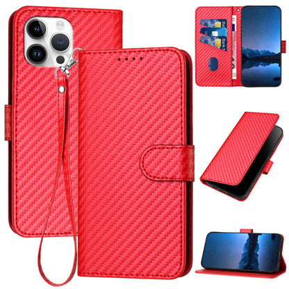 Apple iPhone 12 Pro Max Carbon Fiber Buckle Leather Phone Case with Lanyard, PU Leather TPU Wallet Cover with Card Slot, Cash Compartment, Stand Function & Scratch Protection