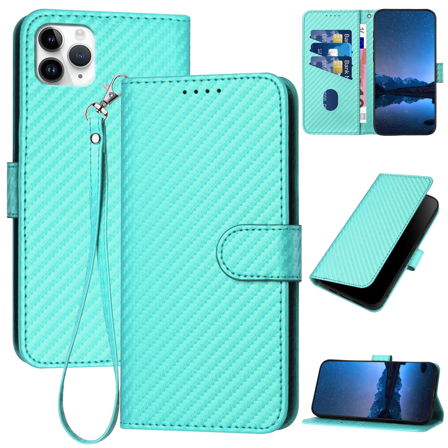Apple iPhone 11 Pro Max Carbon Fiber Buckle Leather Phone Case with Lanyard, PU Leather TPU Wallet Cover with Card Slot, Cash Compartment, Stand Function & Scratch Protection