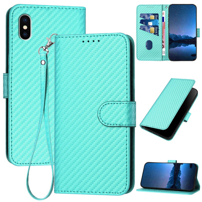 Apple iPhone X Carbon Fiber Buckle Leather Phone Case with Lanyard, PU Leather TPU Wallet Cover with Card Slot, Cash Compartment, Stand Function & Scratch Protection