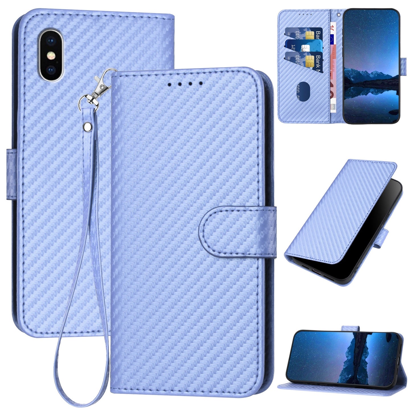 Apple iPhone X Carbon Fiber Buckle Leather Phone Case with Lanyard, PU Leather TPU Wallet Cover with Card Slot, Cash Compartment, Stand Function & Scratch Protection