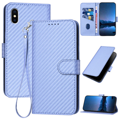 Apple iPhone XS Carbon Fiber Buckle Leather Phone Case with Lanyard, PU Leather TPU Wallet Cover with Card Slot, Cash Compartment, Stand Function & Scratch Protection