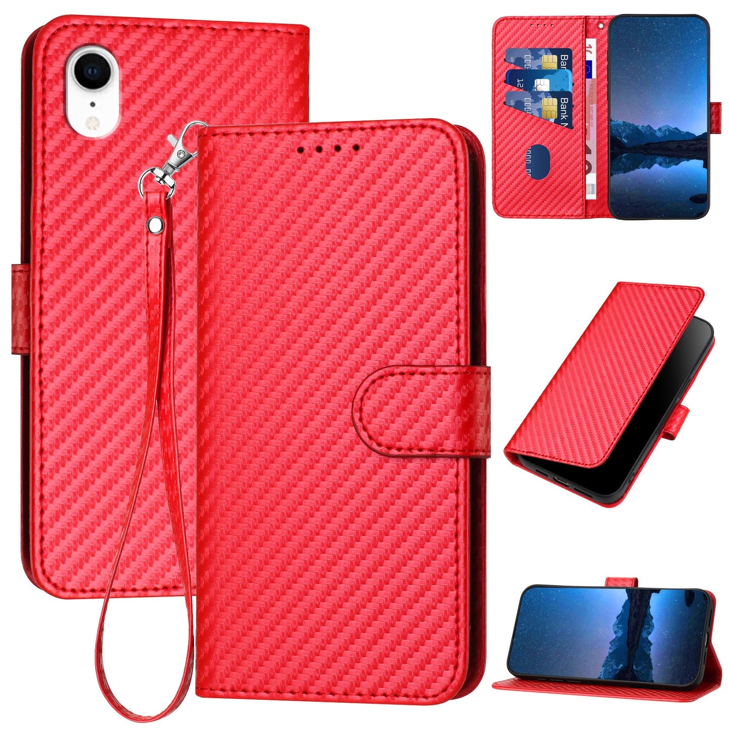 Apple iPhone XR Carbon Fiber Buckle Leather Phone Case with Lanyard, PU Leather TPU Wallet Cover with Card Slot, Cash Compartment, Stand Function & Scratch Protection