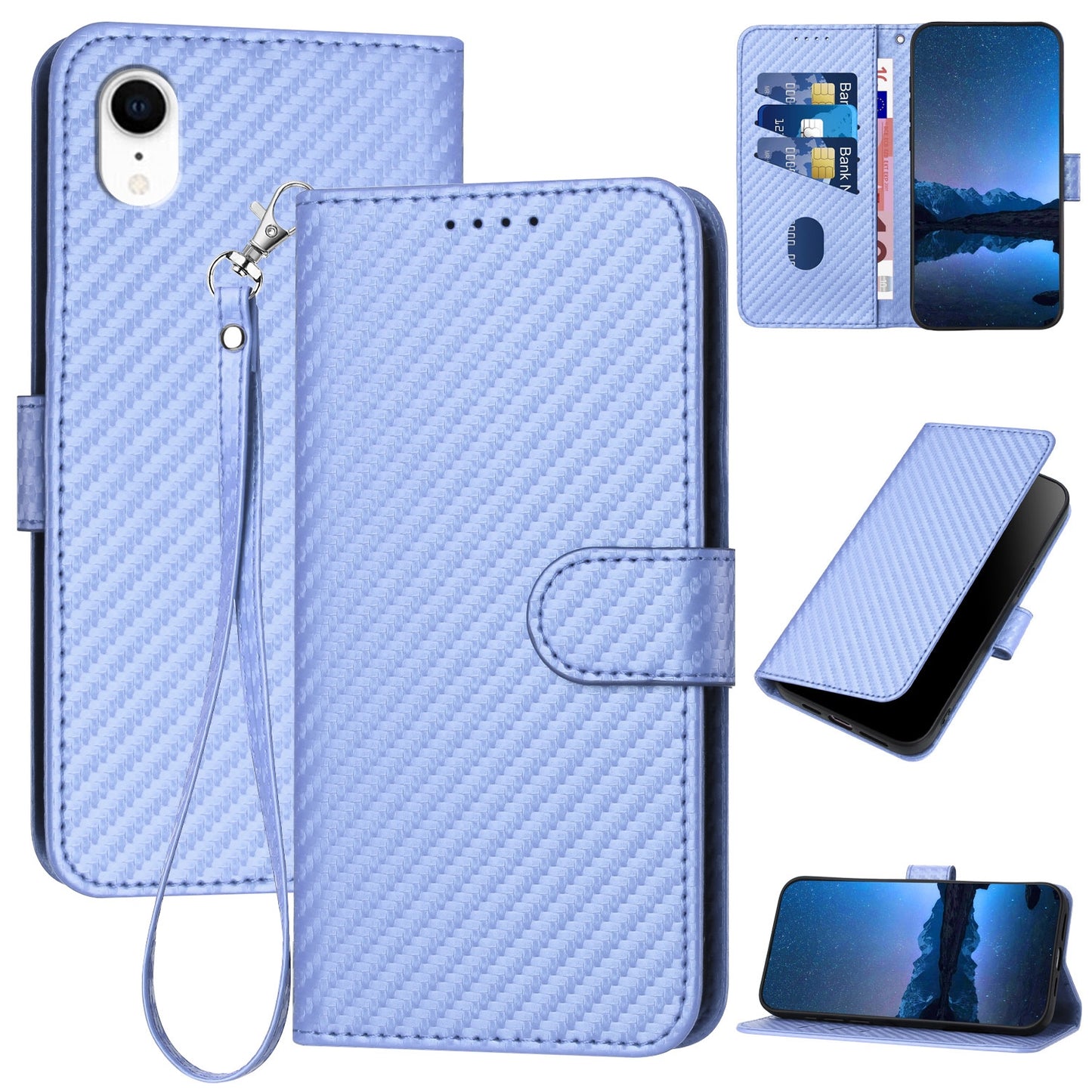 Apple iPhone XR Carbon Fiber Buckle Leather Phone Case with Lanyard, PU Leather TPU Wallet Cover with Card Slot, Cash Compartment, Stand Function & Scratch Protection