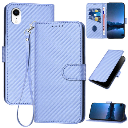 Apple iPhone XR Carbon Fiber Buckle Leather Phone Case with Lanyard, PU Leather TPU Wallet Cover with Card Slot, Cash Compartment, Stand Function & Scratch Protection
