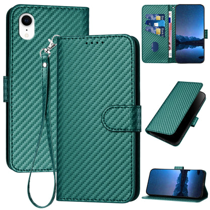 Apple iPhone XR Carbon Fiber Buckle Leather Phone Case with Lanyard, PU Leather TPU Wallet Cover with Card Slot, Cash Compartment, Stand Function & Scratch Protection